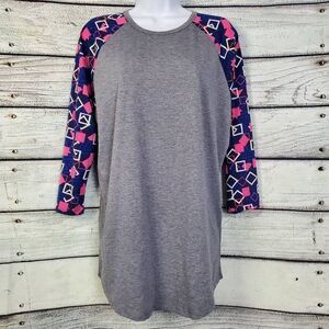 LuLaRoe Women’s XL Randy Raglan Tunic Top Gray Pink Navy Geometric Sleeves